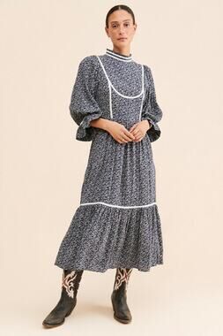 Meadows 100% Cotton Cottage Core Navy and White Floral Amaryllis Midi Dress